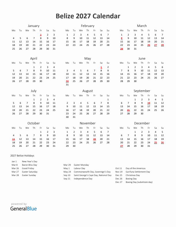 2027 Yearly Calendar Printable With Belize Holidays