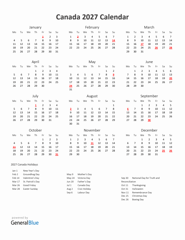 2027 Yearly Calendar Printable With Canada Holidays