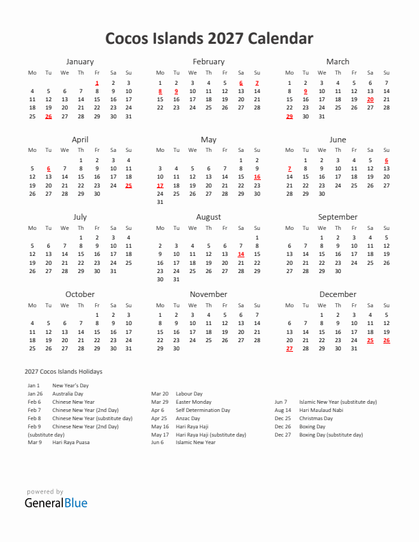 2027 Yearly Calendar Printable With Cocos Islands Holidays