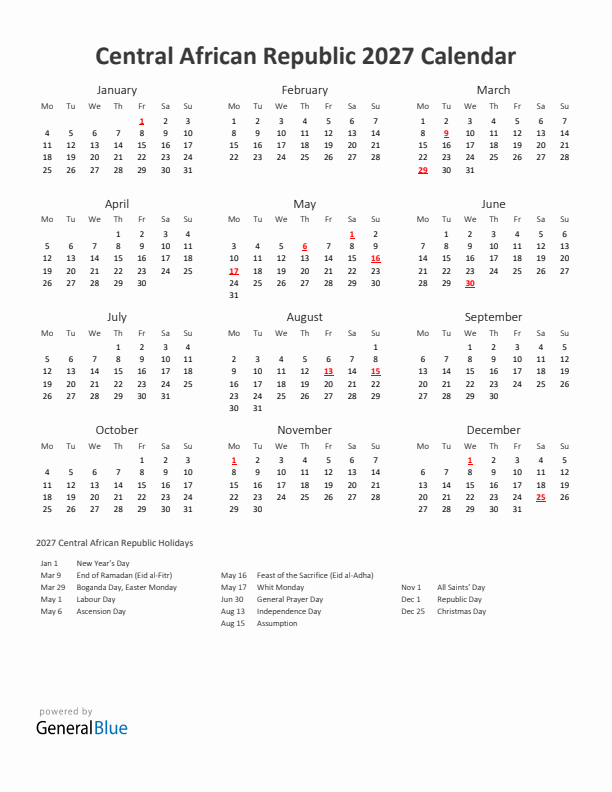 2027 Yearly Calendar Printable With Central African Republic Holidays