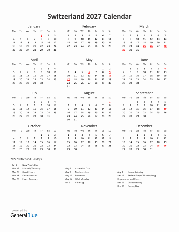 2027 Yearly Calendar Printable With Switzerland Holidays