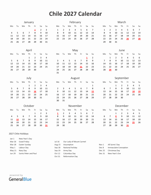 2027 Yearly Calendar Printable With Chile Holidays