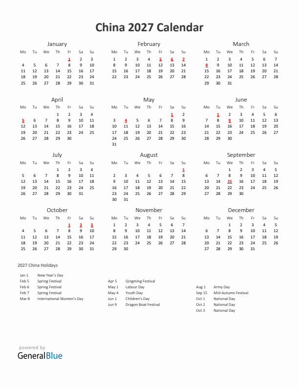 2027 Yearly Calendar Printable With China Holidays