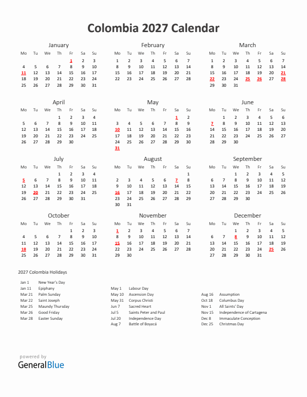 2027 Yearly Calendar Printable With Colombia Holidays