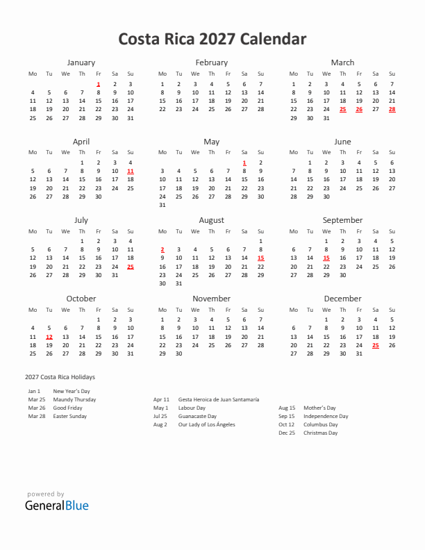 2027 Yearly Calendar Printable With Costa Rica Holidays