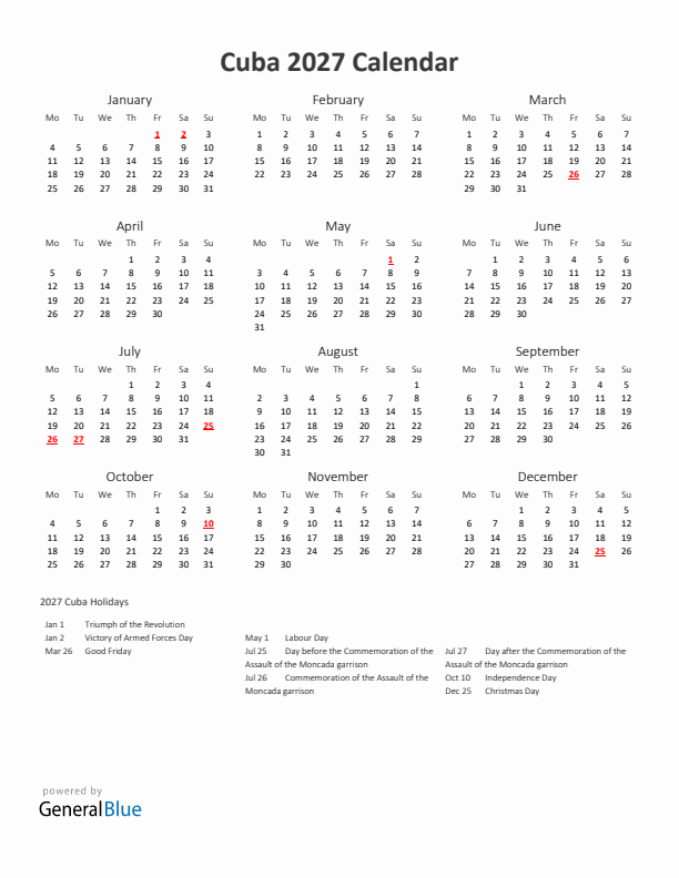 2027 Yearly Calendar Printable With Cuba Holidays