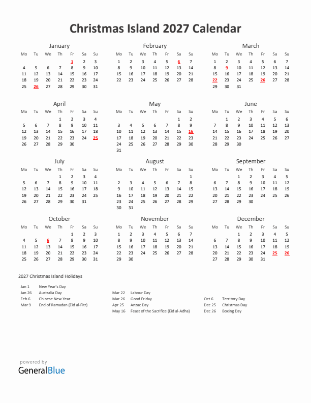 2027 Yearly Calendar Printable With Christmas Island Holidays