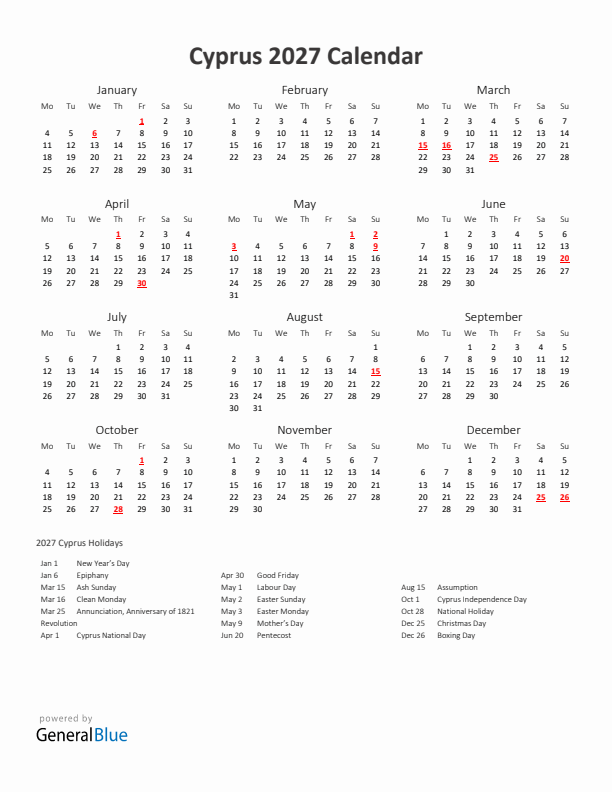 2027 Yearly Calendar Printable With Cyprus Holidays