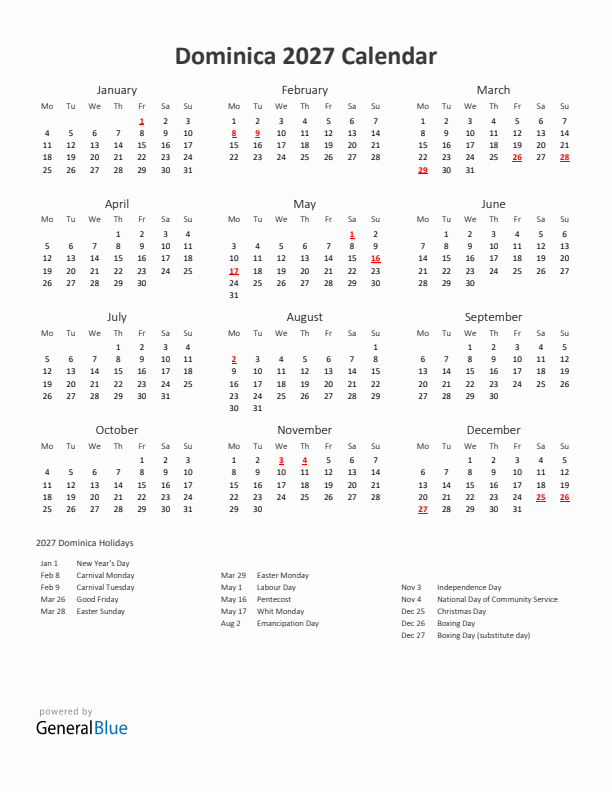 2027 Yearly Calendar Printable With Dominica Holidays