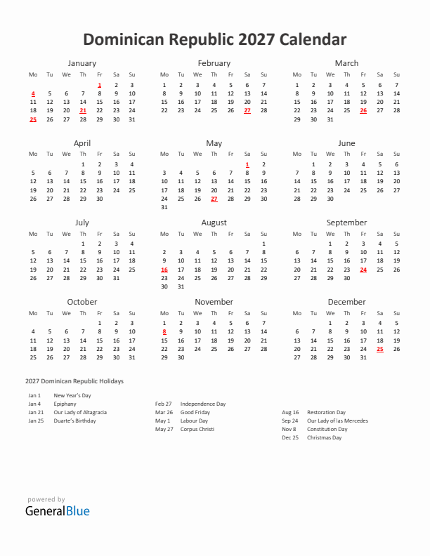 2027 Yearly Calendar Printable With Dominican Republic Holidays