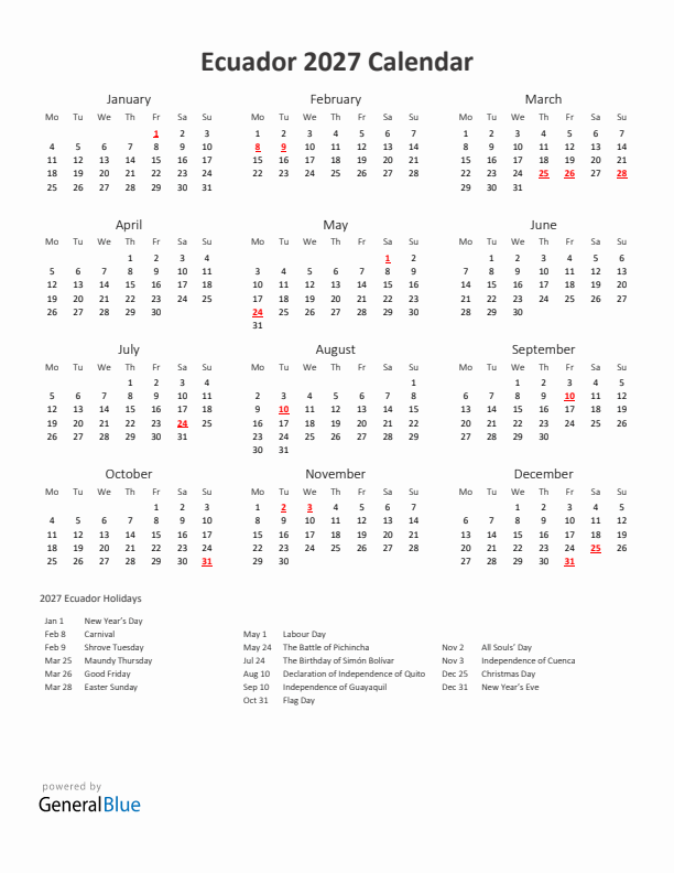 2027 Yearly Calendar Printable With Ecuador Holidays