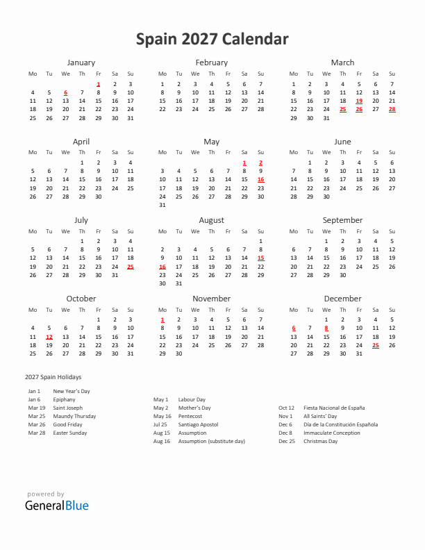 2027 Yearly Calendar Printable With Spain Holidays