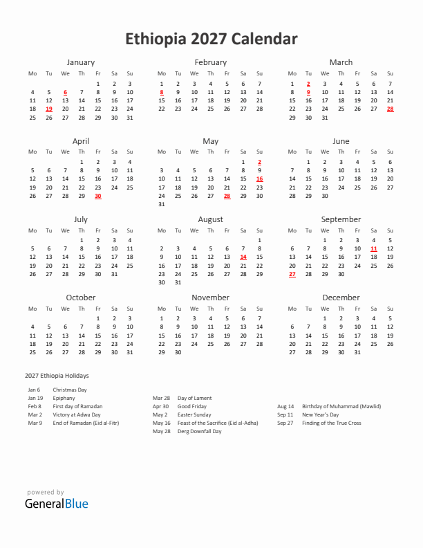 2027 Yearly Calendar Printable With Ethiopia Holidays