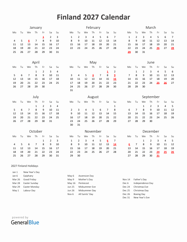 2027 Yearly Calendar Printable With Finland Holidays