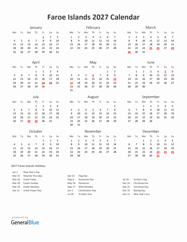 2027 Yearly Calendar Printable With Faroe Islands Holidays