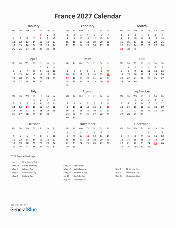 2027 Yearly Calendar Printable With France Holidays