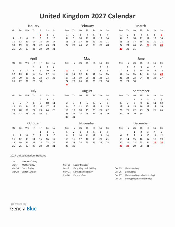 2027 Yearly Calendar Printable With United Kingdom Holidays