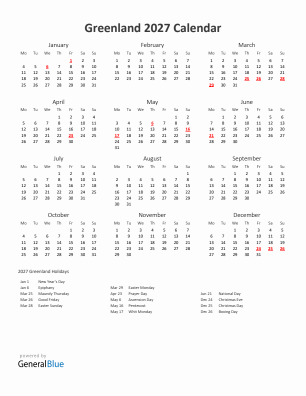 2027 Yearly Calendar Printable With Greenland Holidays