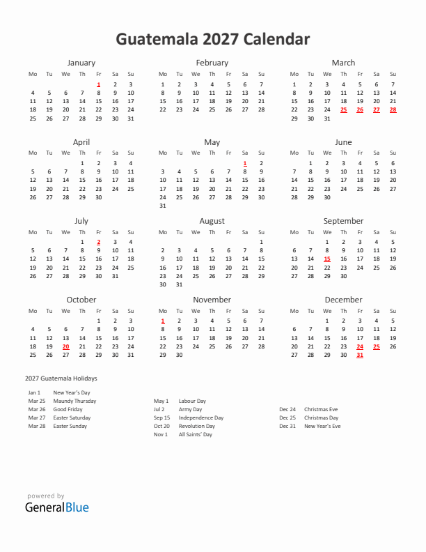 2027 Yearly Calendar Printable With Guatemala Holidays