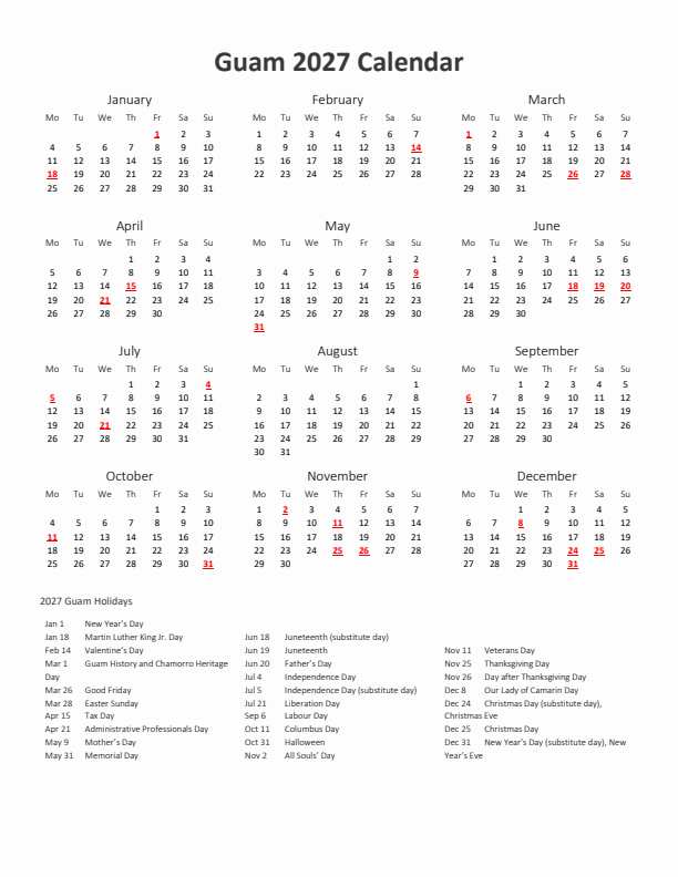 2027 Yearly Calendar Printable With Guam Holidays