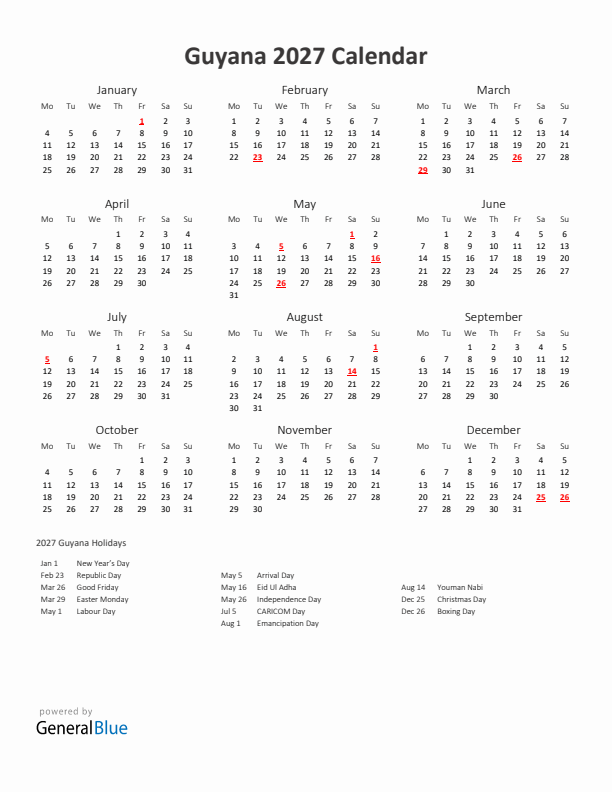 2027 Yearly Calendar Printable With Guyana Holidays