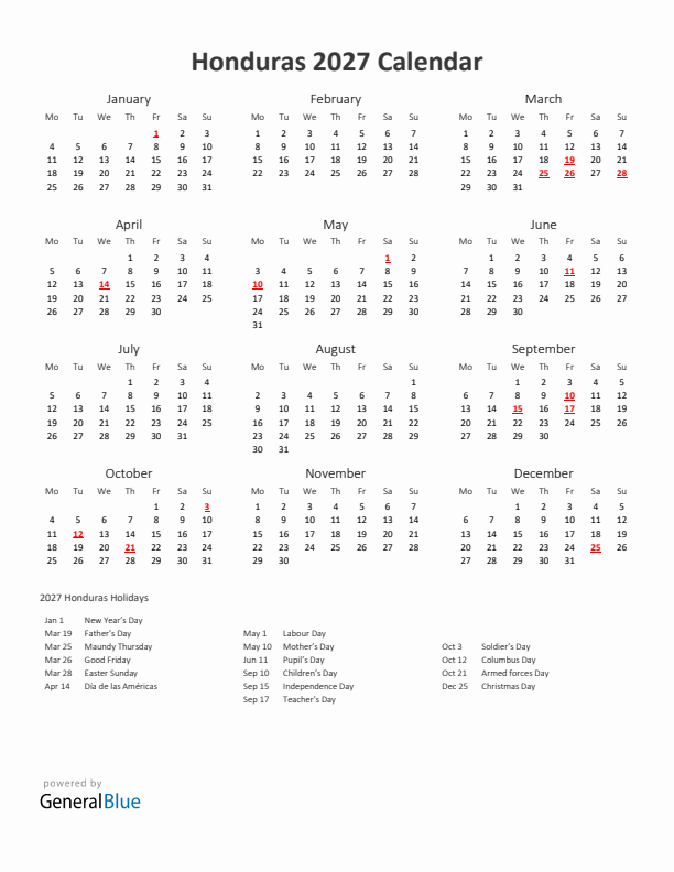 2027 Yearly Calendar Printable With Honduras Holidays