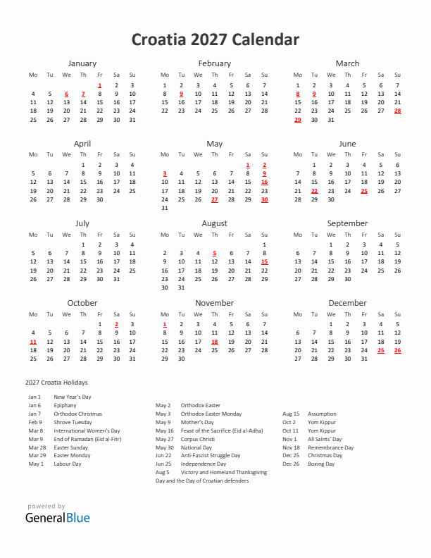 2027 Yearly Calendar Printable With Croatia Holidays