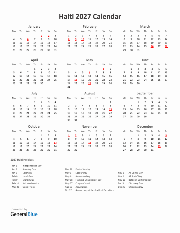 2027 Yearly Calendar Printable With Haiti Holidays