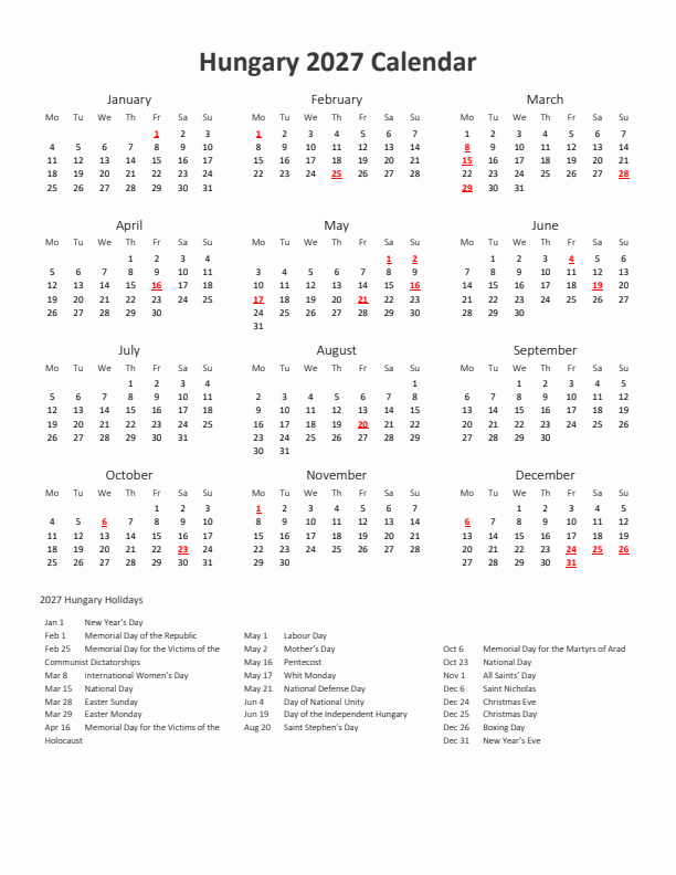 2027 Yearly Calendar Printable With Hungary Holidays