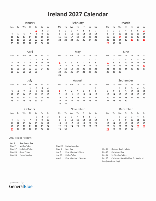 2027 Yearly Calendar Printable With Ireland Holidays