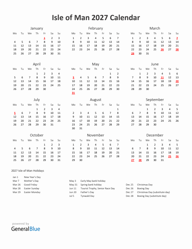 2027 Yearly Calendar Printable With Isle of Man Holidays