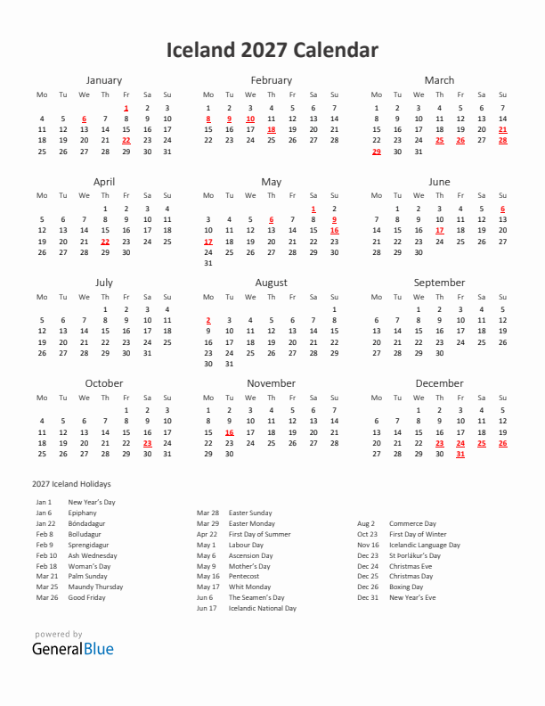 2027 Yearly Calendar Printable With Iceland Holidays