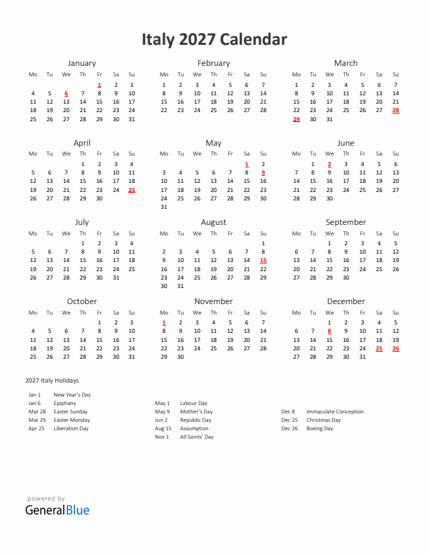 2027 Yearly Calendar Printable With Italy Holidays