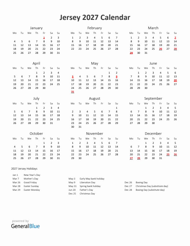 2027 Yearly Calendar Printable With Jersey Holidays