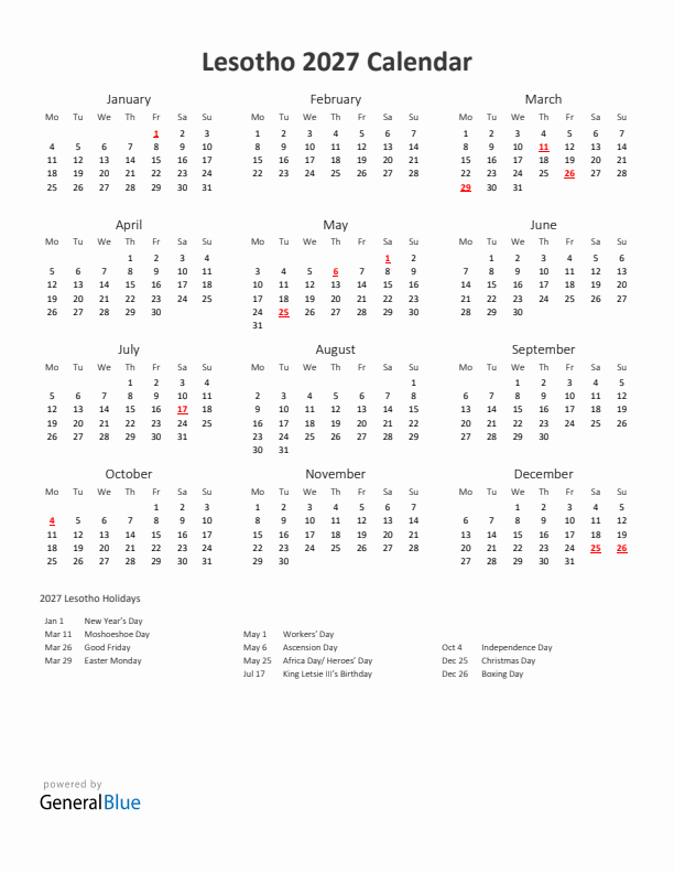 2027 Yearly Calendar Printable With Lesotho Holidays