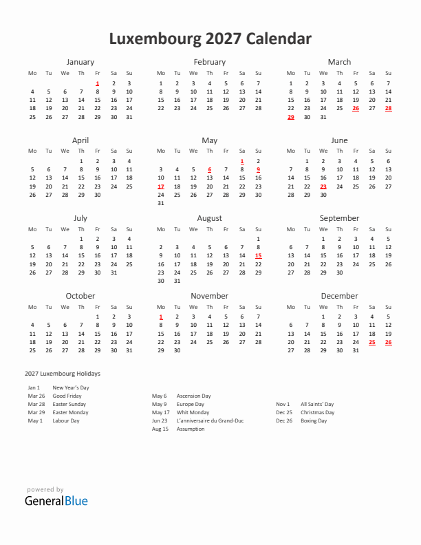 2027 Yearly Calendar Printable With Luxembourg Holidays