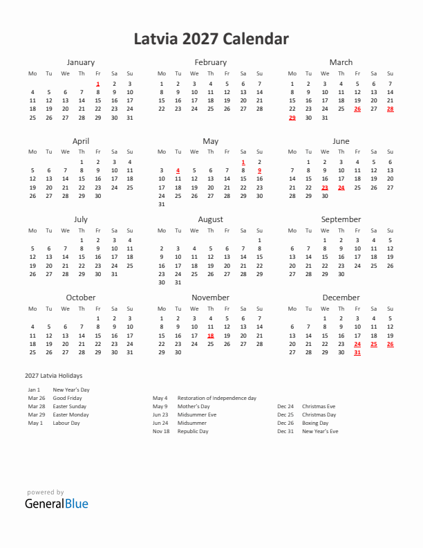2027 Yearly Calendar Printable With Latvia Holidays