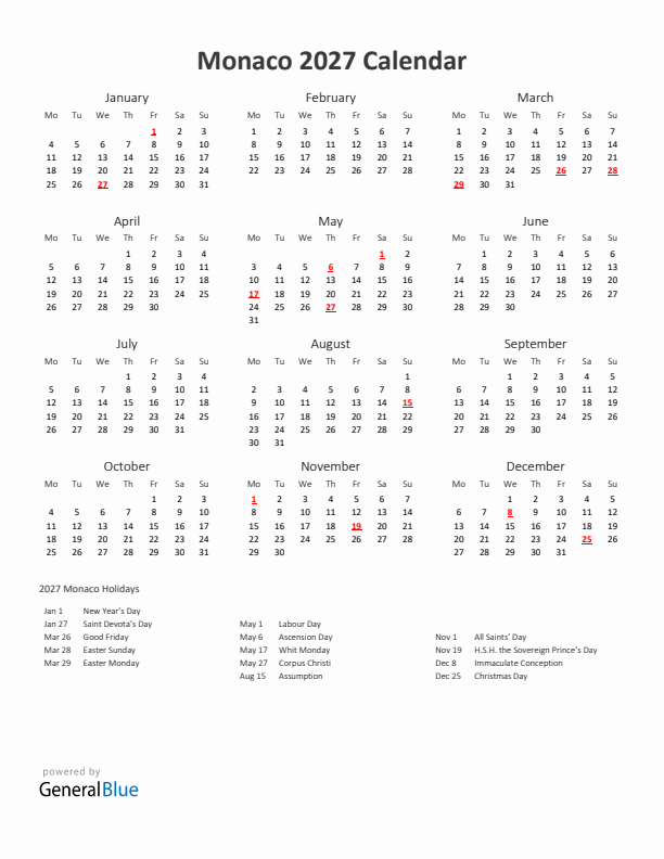 2027 Yearly Calendar Printable With Monaco Holidays