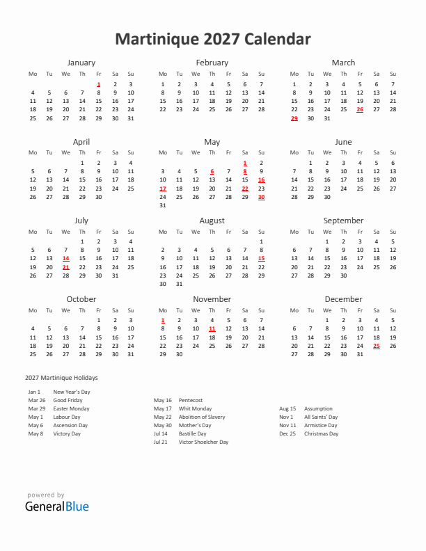 2027 Yearly Calendar Printable With Martinique Holidays