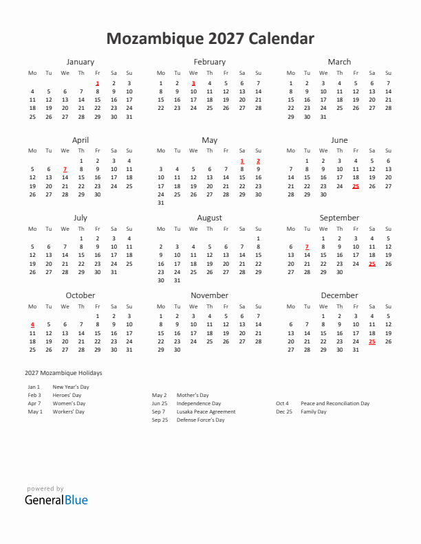 2027 Yearly Calendar Printable With Mozambique Holidays