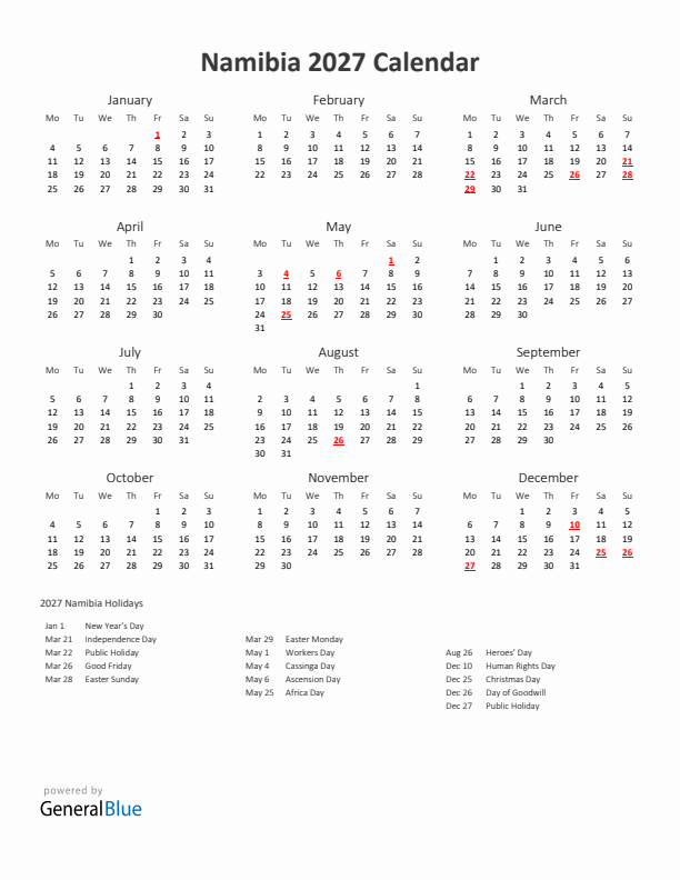 2027 Yearly Calendar Printable With Namibia Holidays