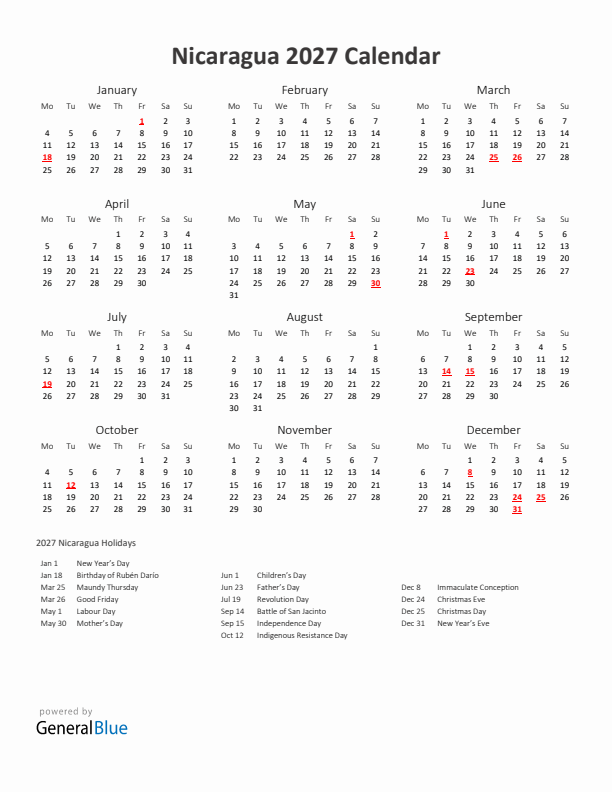 2027 Yearly Calendar Printable With Nicaragua Holidays
