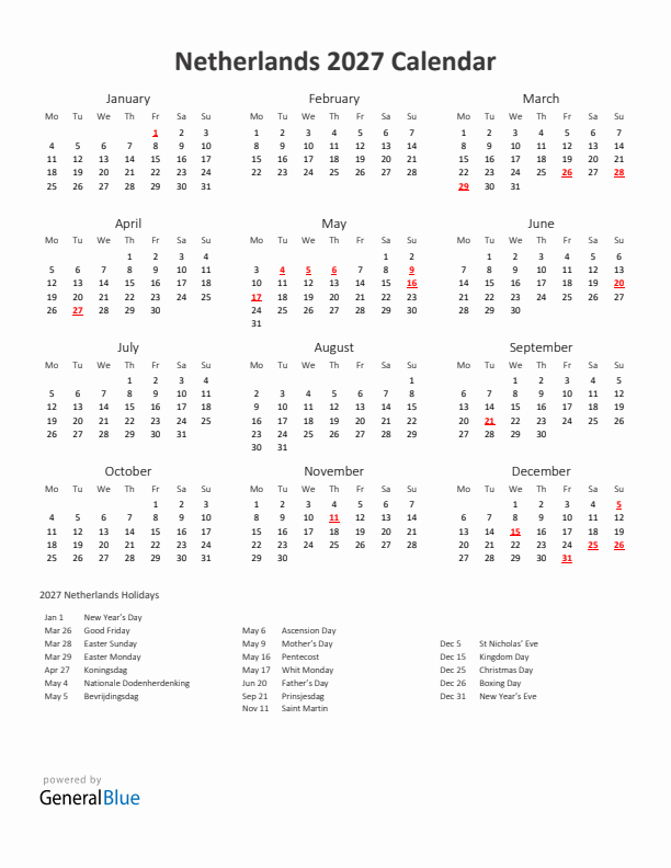 2027 Yearly Calendar Printable With The Netherlands Holidays