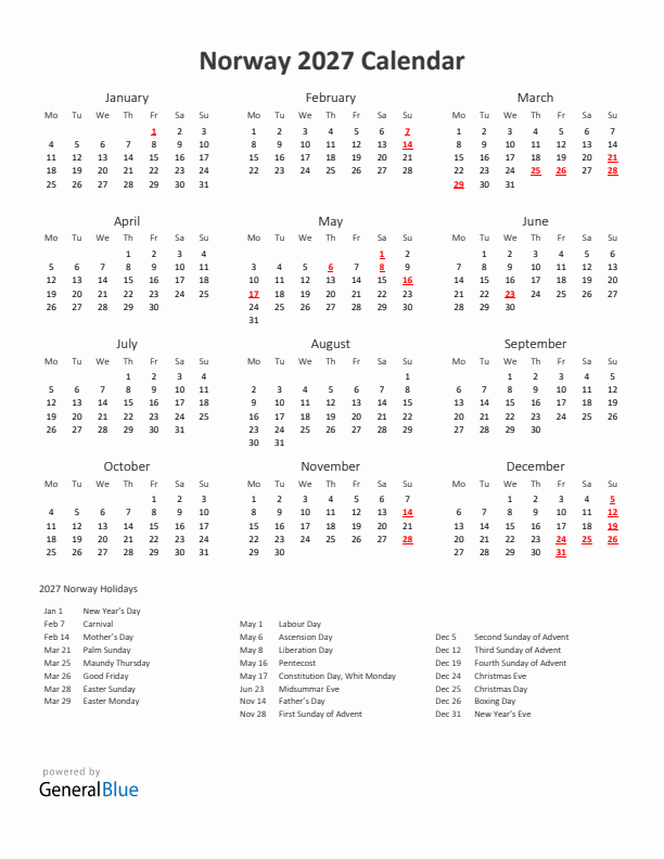 2027 Yearly Calendar Printable With Norway Holidays