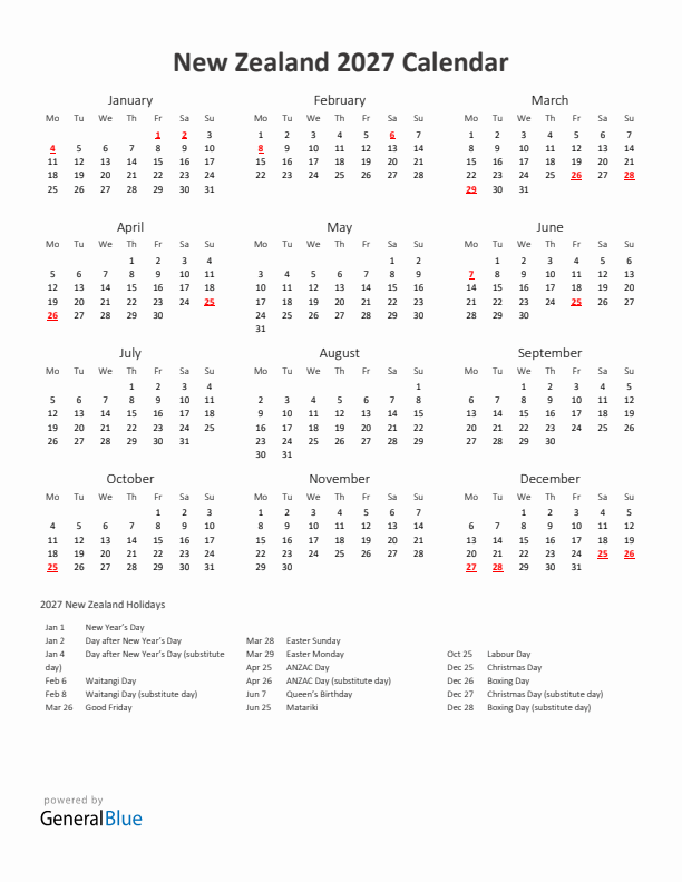 2027 Yearly Calendar Printable With New Zealand Holidays