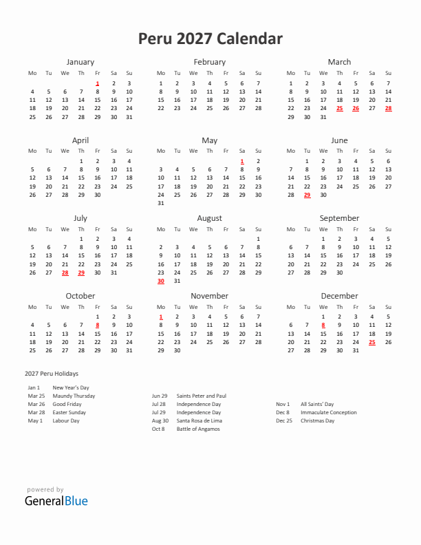 2027 Yearly Calendar Printable With Peru Holidays
