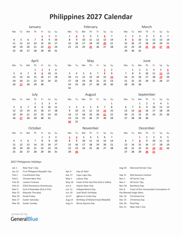 2027 Yearly Calendar Printable With Philippines Holidays
