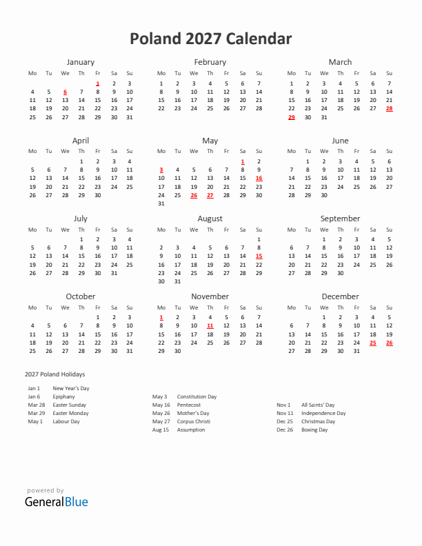 2027 Yearly Calendar Printable With Poland Holidays