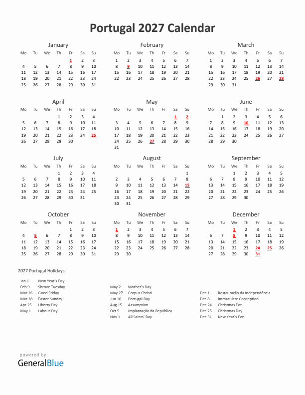 2027 Yearly Calendar Printable With Portugal Holidays