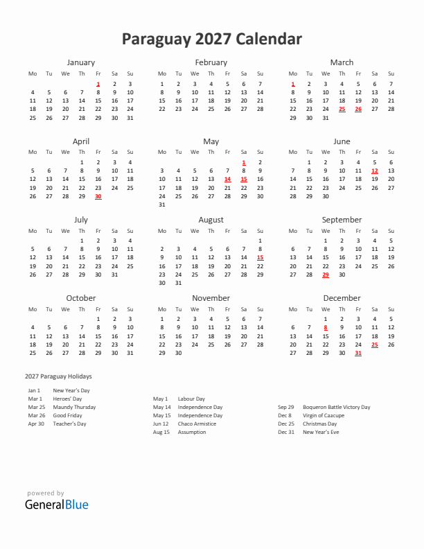 2027 Yearly Calendar Printable With Paraguay Holidays